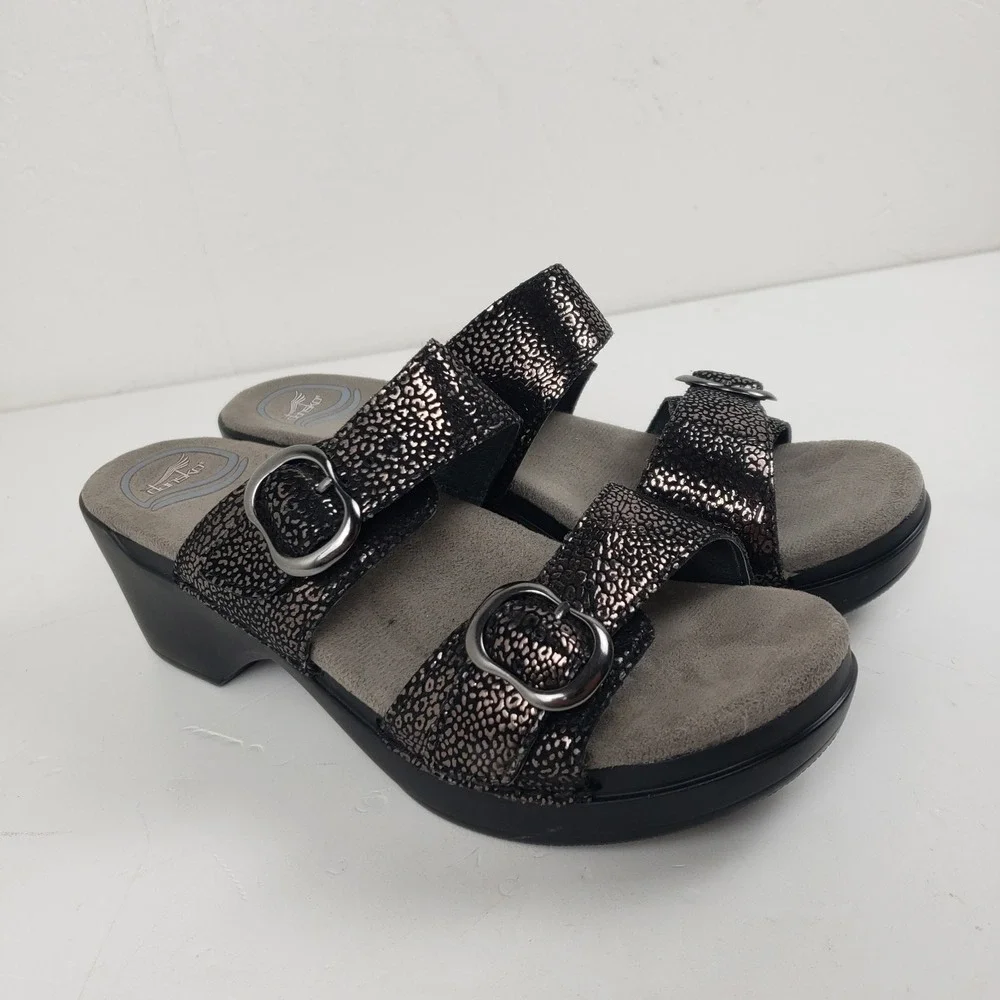 Dansko Sophie Womens 38 Metallic Leopard Print Leather Wedge Slide Sandals Black